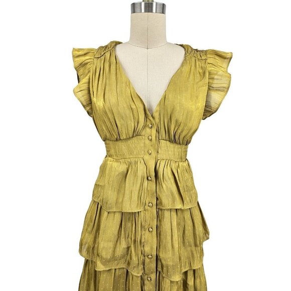 New Ciebon Persia Metallic Stripe Ruffle Dress Womens S Yellow Mini Tiered - Picture 3 of 9